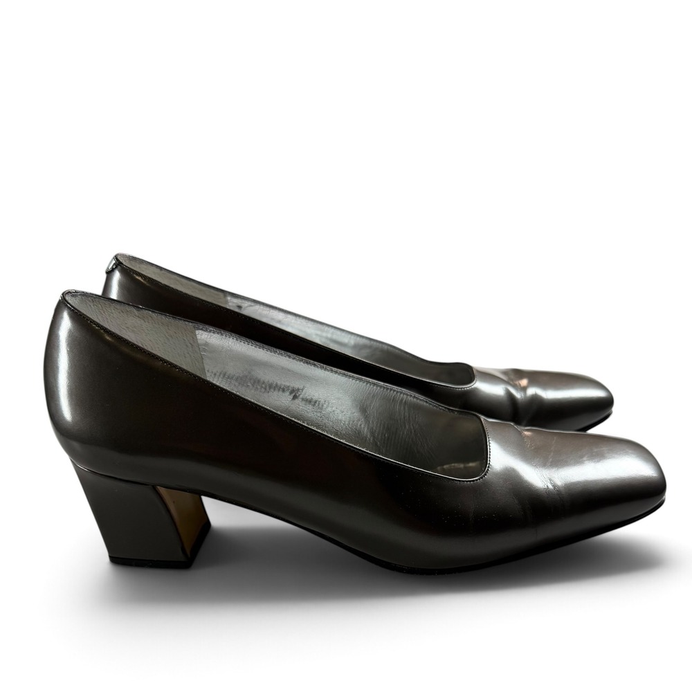 Rangoni of Florence Womens 7.5 AA Grey Leather Square Toe Block Heel Pumps Italy